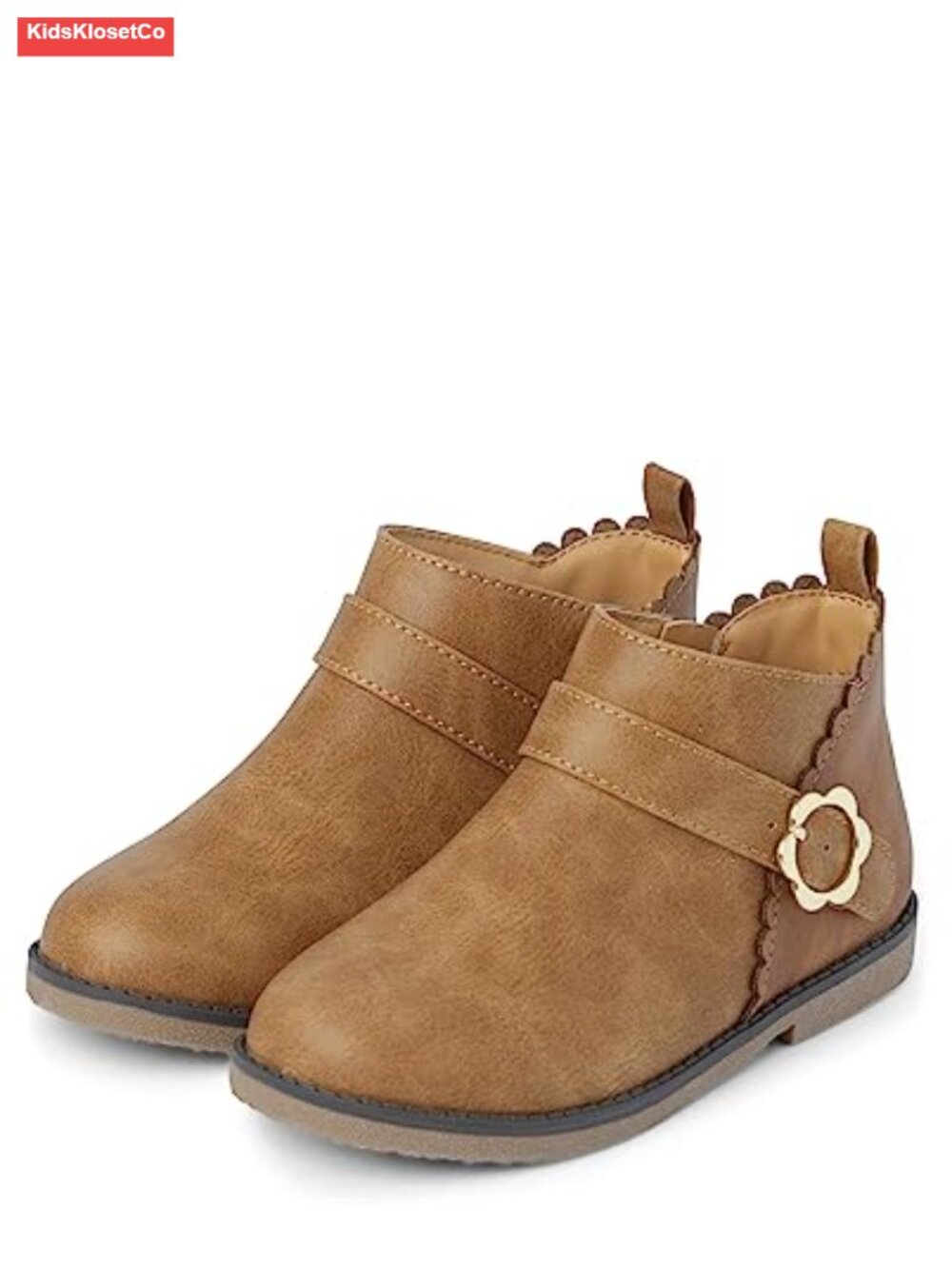 Toddler Faux Leather Ankle Boots with Flower Buckle Side Zipper